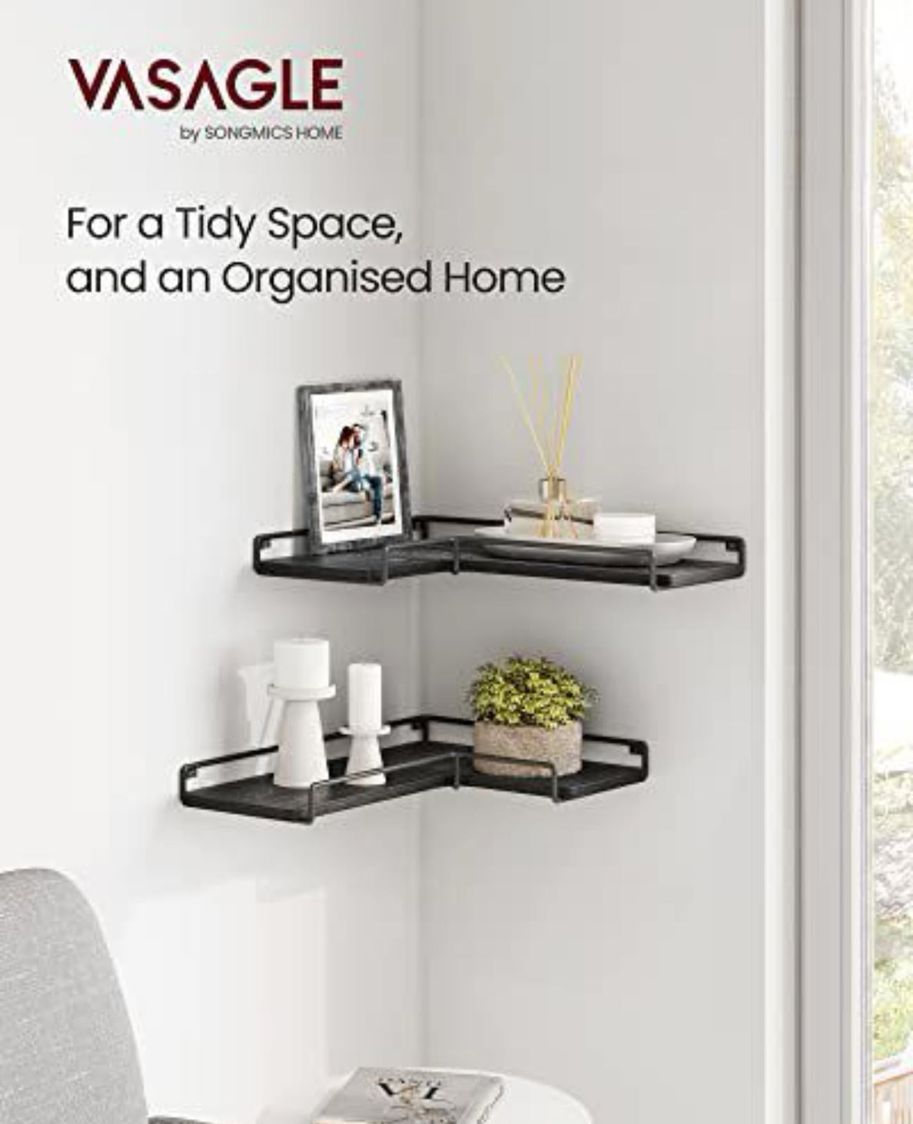 VASAGLE Black Corner Wall Shelves - Set of 2