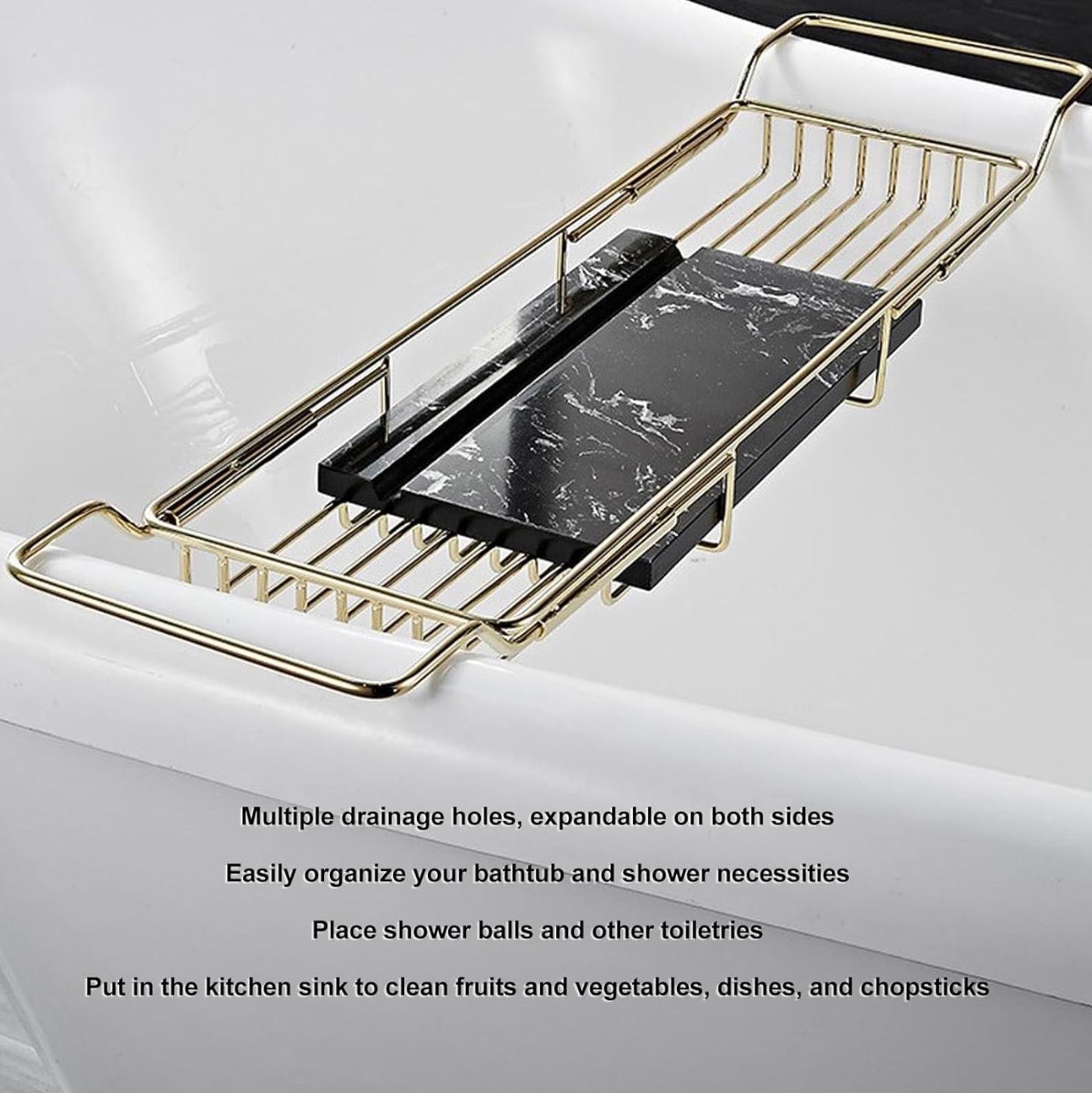 Metal Marble Bathtub Rack - Expandable & Anti-Slip, Gold Black