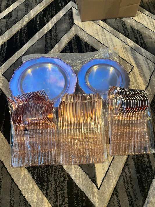 Liacene 30 Dinner & Dessert Plates with Cutlery Set - Rose Gold