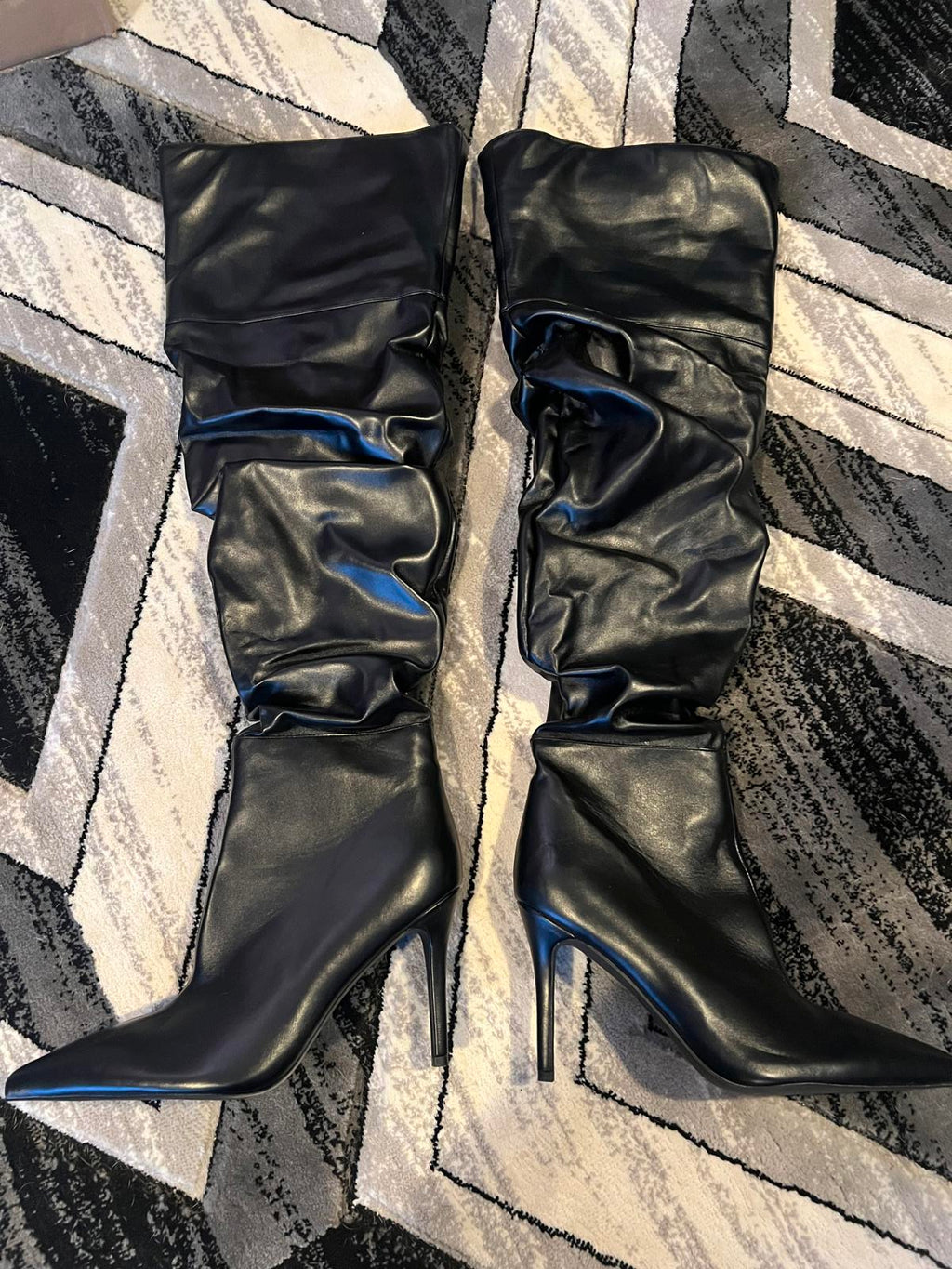 Black Faux Leather Slouchy Thigh-High Stiletto Boots comparable to US size 10/11