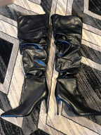 Black Faux Leather Slouchy Thigh-High Stiletto Boots comparable to US size 10/11