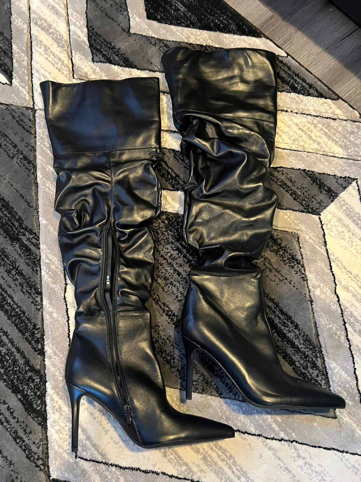 Black Faux Leather Slouchy Thigh-High Stiletto Boots comparable to US size 10/11