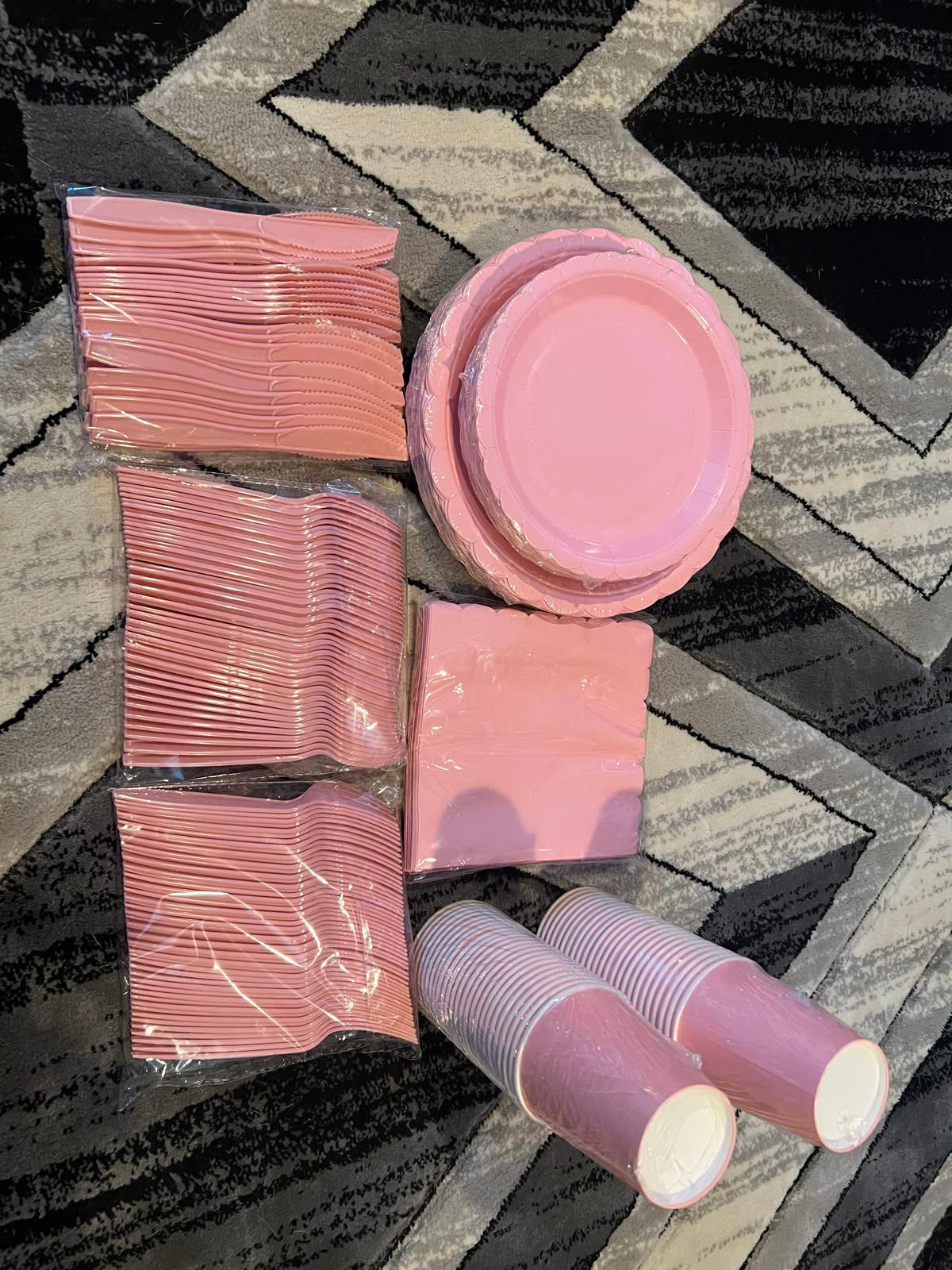 350 Pcs Pink Paper Plates, Napkins, Cups & Silverware Party Set for 50