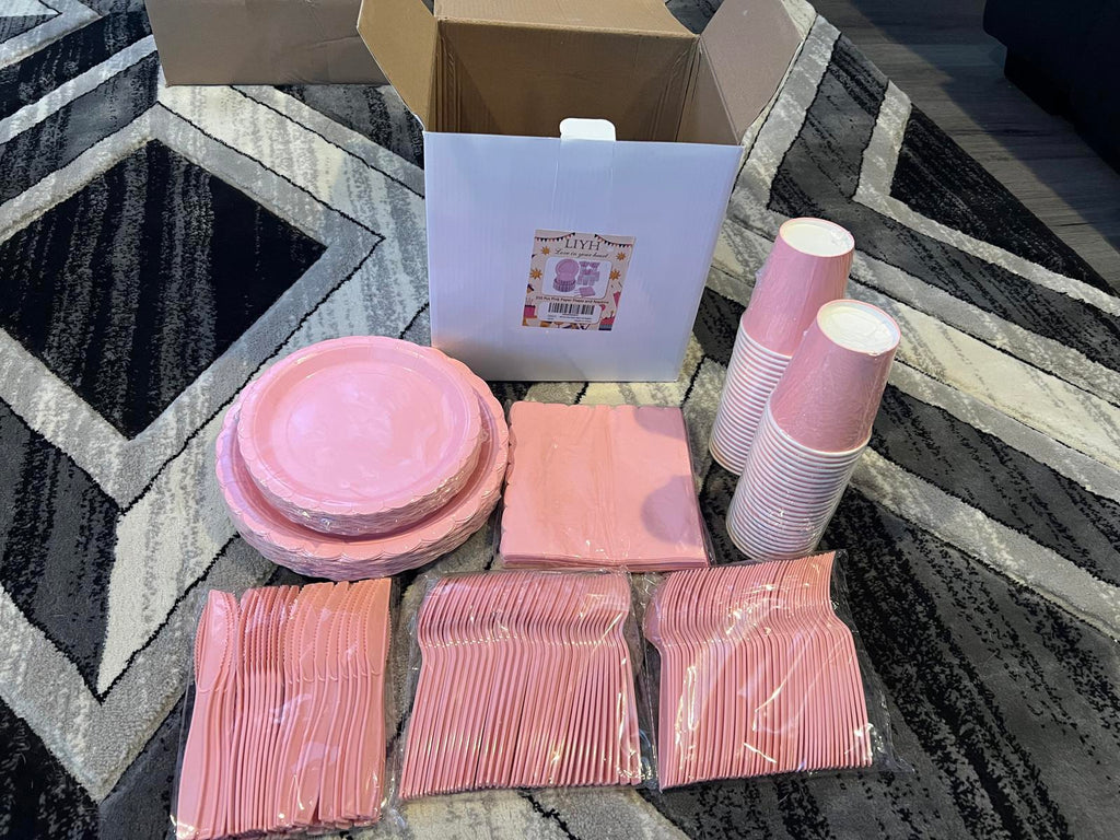 350 Pcs Pink Paper Plates, Napkins, Cups & Silverware Party Set for 50