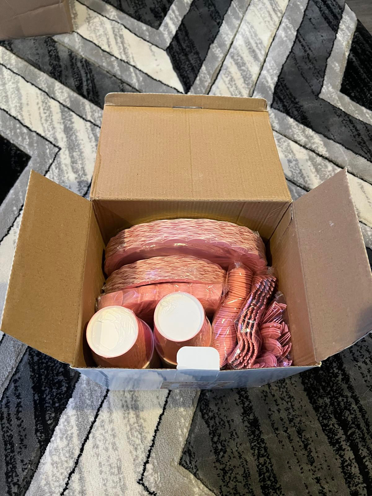 350 Pcs Pink Paper Plates, Napkins, Cups & Silverware Party Set for 50