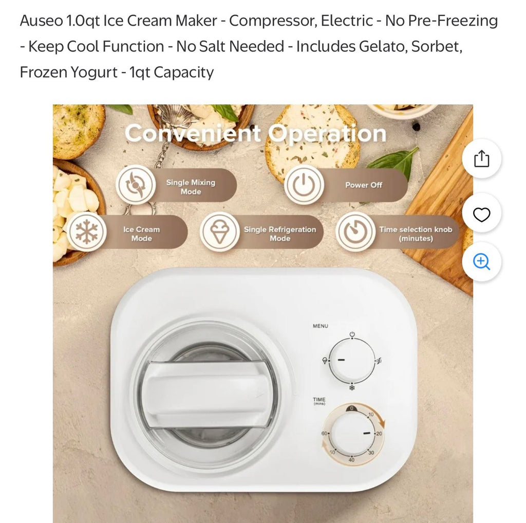 Auseo 1.0qt Electric Ice Cream Maker with Compressor - No Pre-Freezing Needed