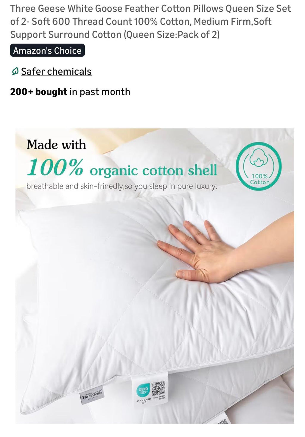 Three Geese White Goose Feather Cotton Pillows Queen Size Set of 2