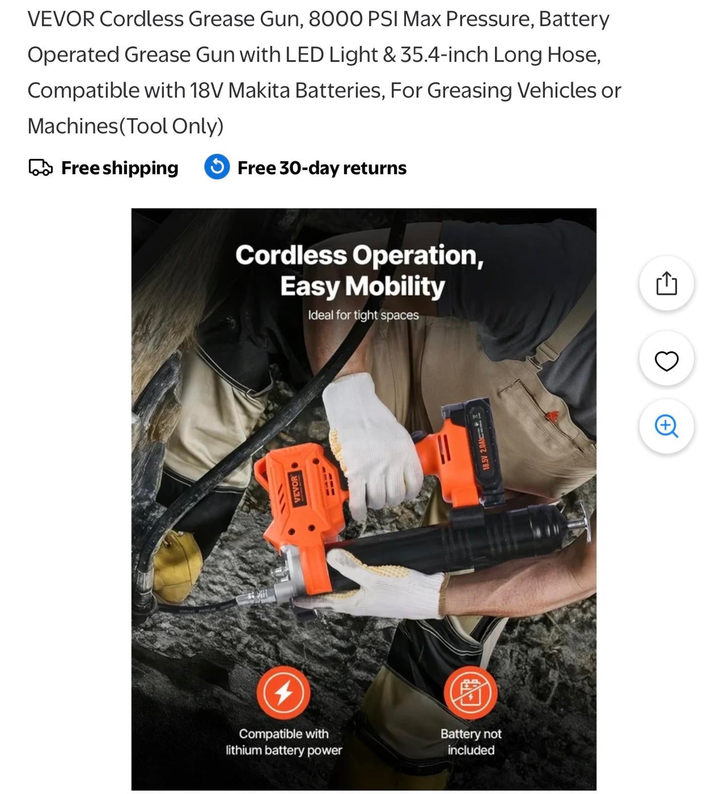 VEVOR Cordless Grease Gun 8000 PSI Max Pressure with LED Light & 35.4-inch Hose