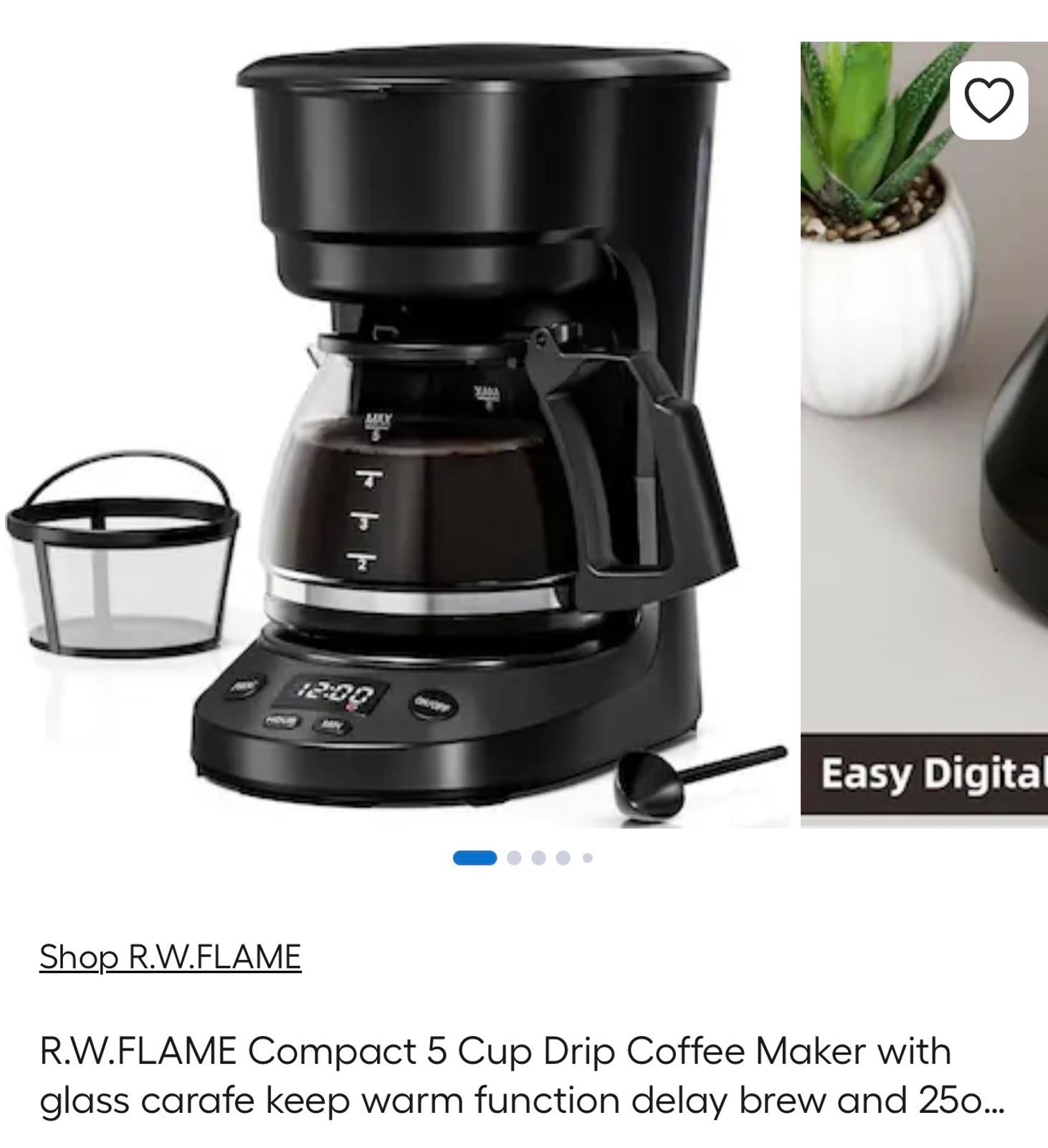 Compact 5 Cup (25 OZ) Drip Coffee Maker with Glass Carafe & Digital Controls