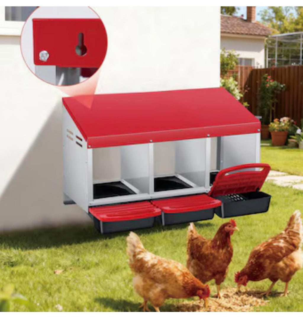 Garvee 3 Holes Galvanized Steel Chicken Nesting Box with Automatic Roll Out Egg-