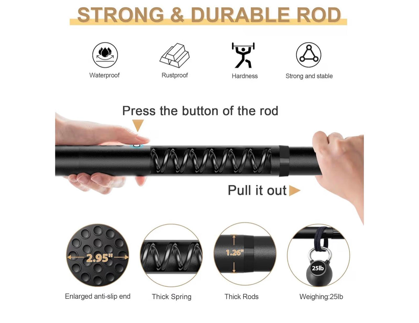 Tension Curtain Rod 51-89 inch Black Heavy Duty No Drilling