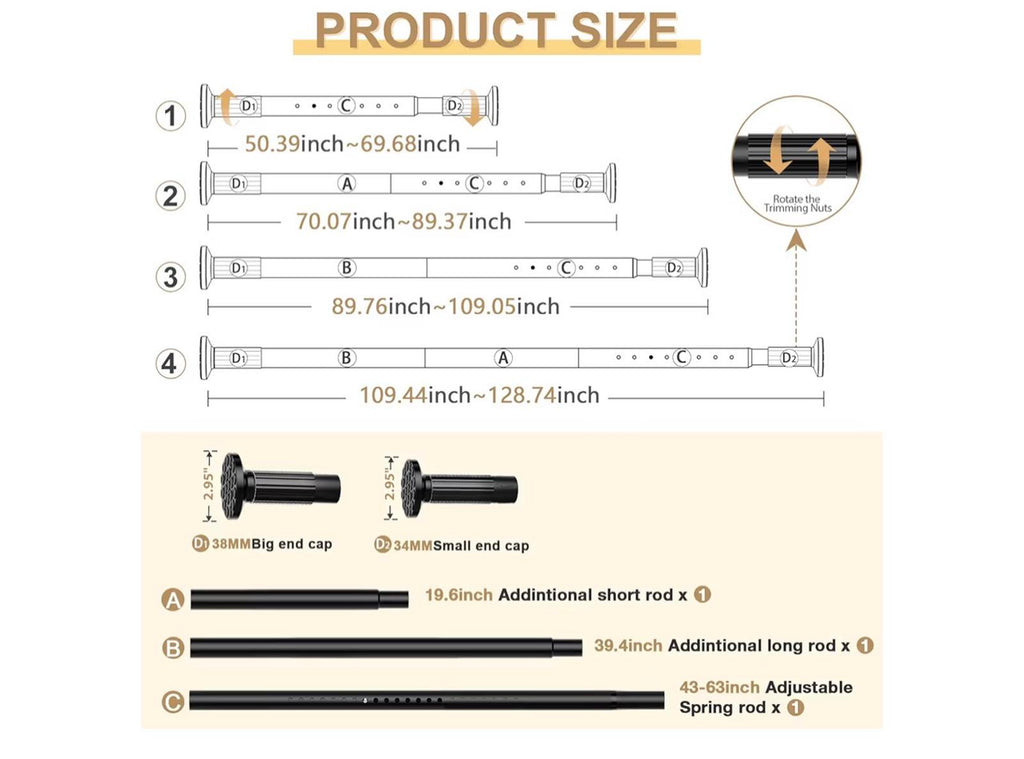 Tension Curtain Rod 51-89 inch Black Heavy Duty No Drilling