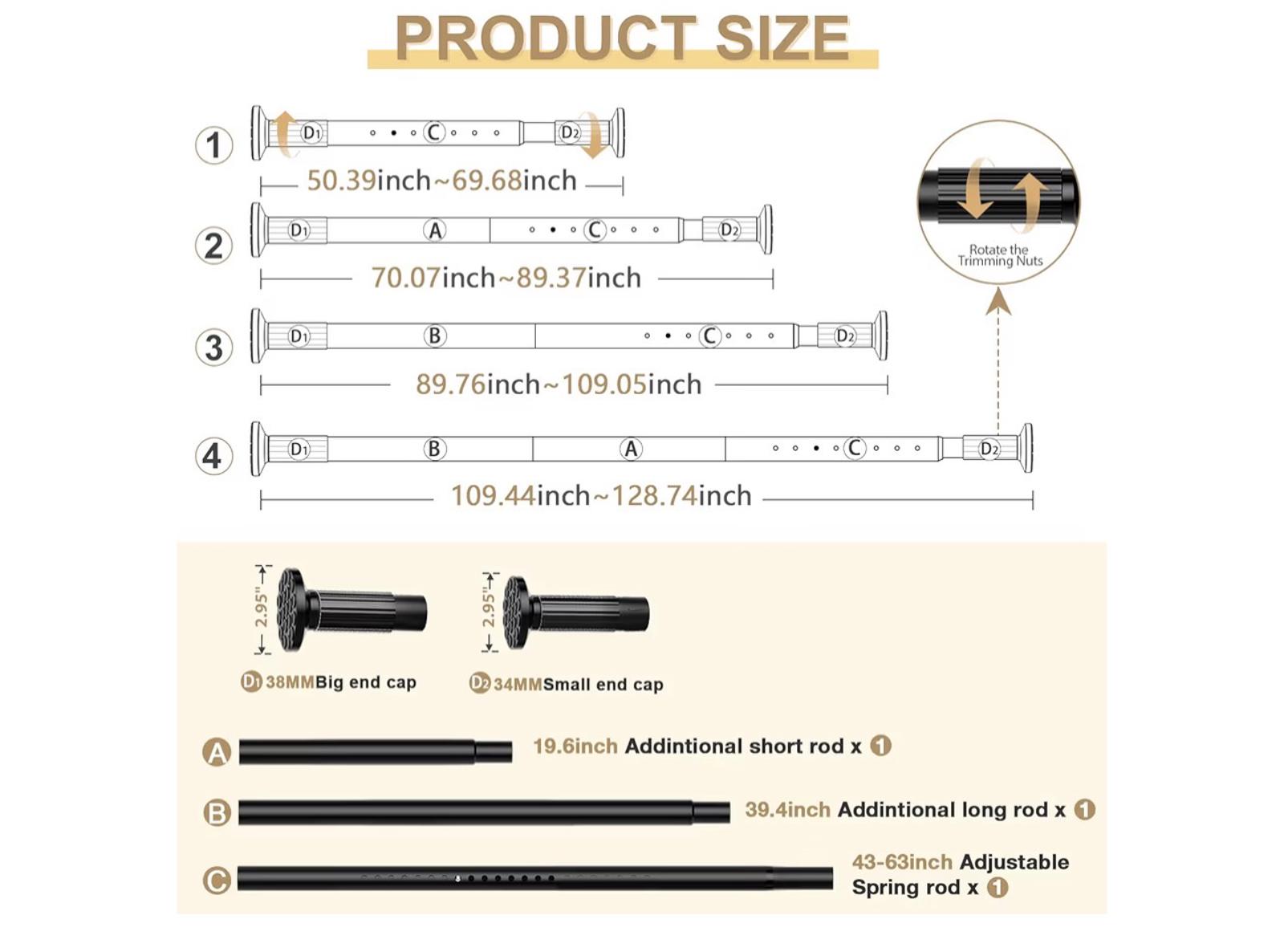 Tension Curtain Rod 51-89 inch Black Heavy Duty No Drilling