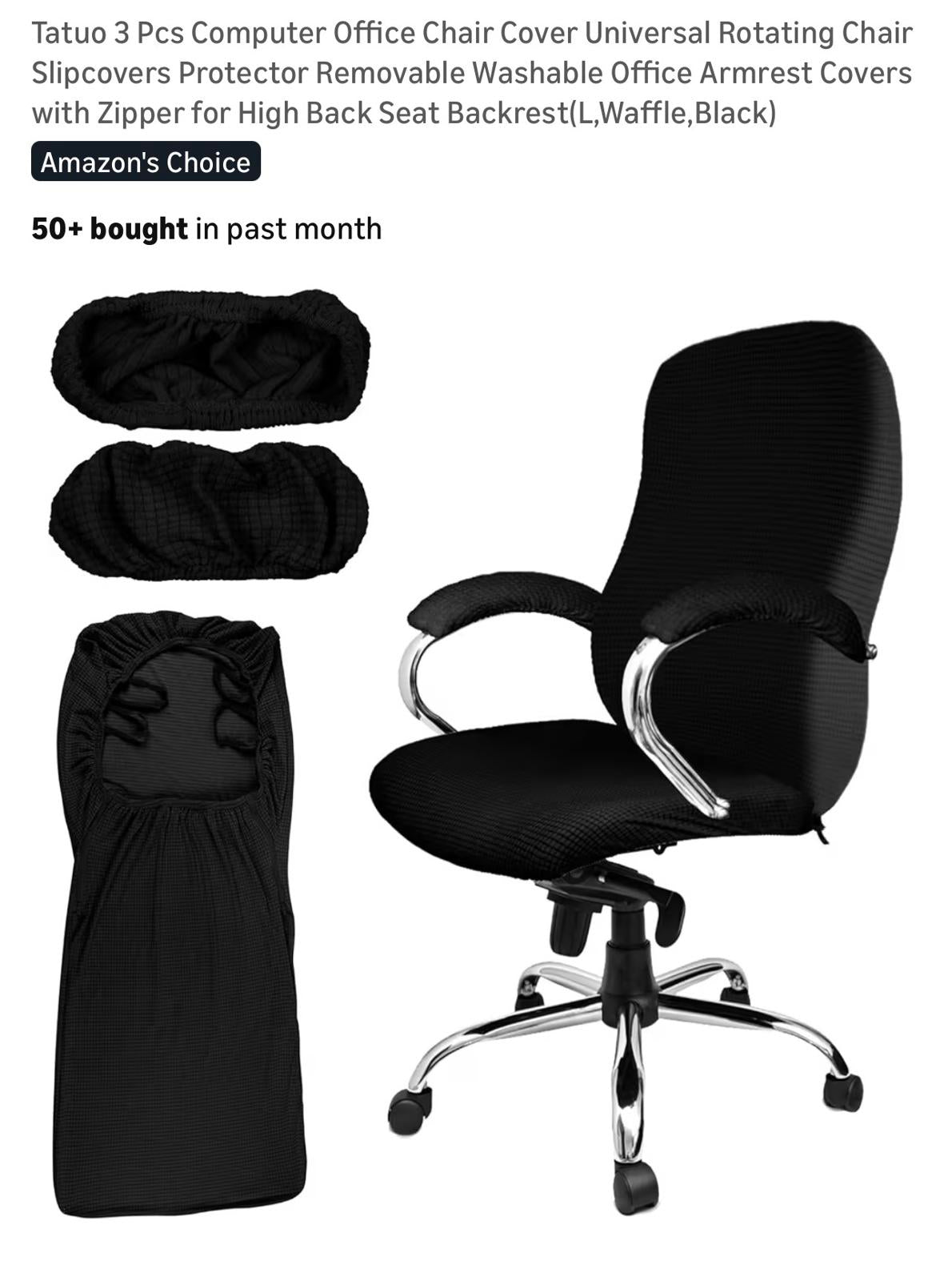 Tatuo 3 Pcs Computer Office Chair Cover Set - Black Waffle Texture, Size L