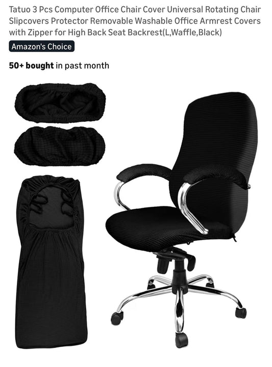 Tatuo 3 Pcs Computer Office Chair Cover Set - Black Waffle Texture, Size L