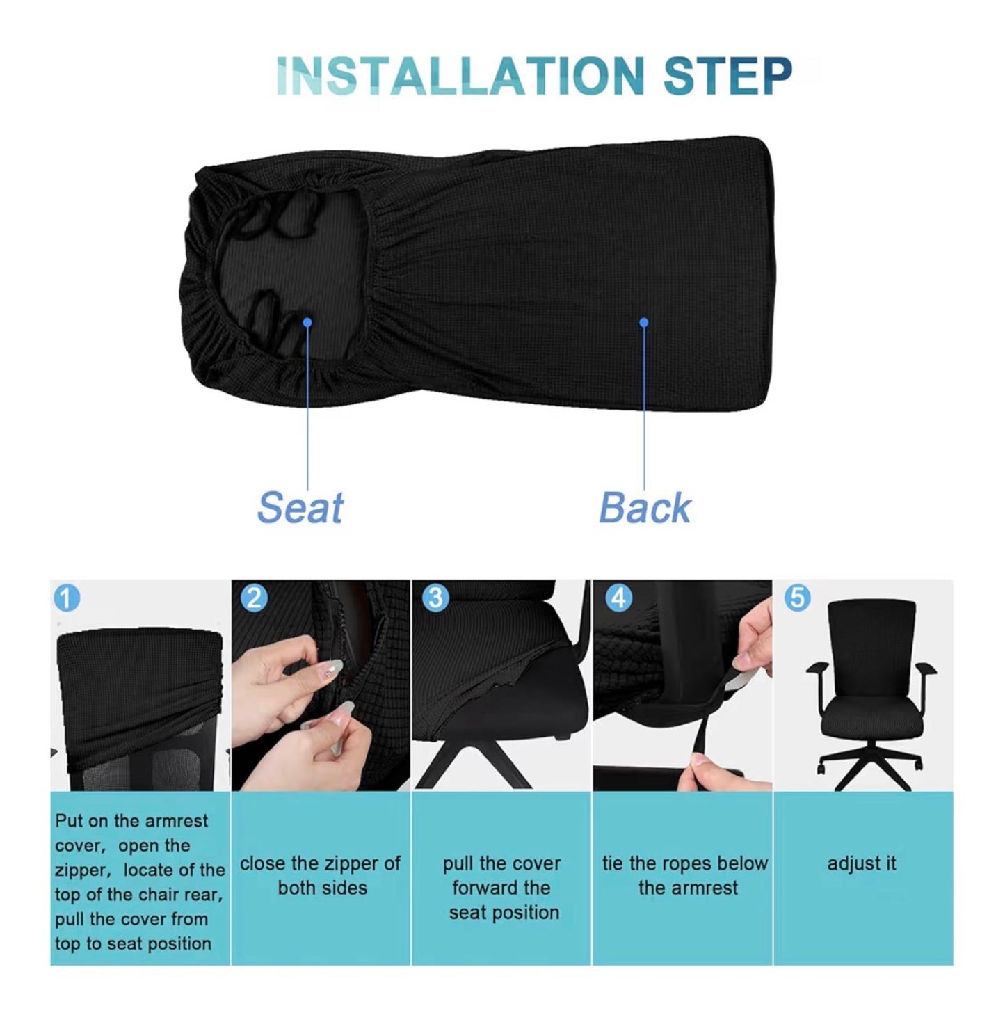 Tatuo 3 Pcs Computer Office Chair Cover Set - Black Waffle Texture, Size L