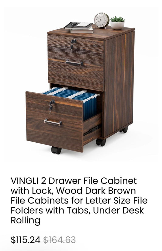 VINGLI 2 Drawer File Cabinet with Lock, Dark Brown Wood Finish, Letter Size