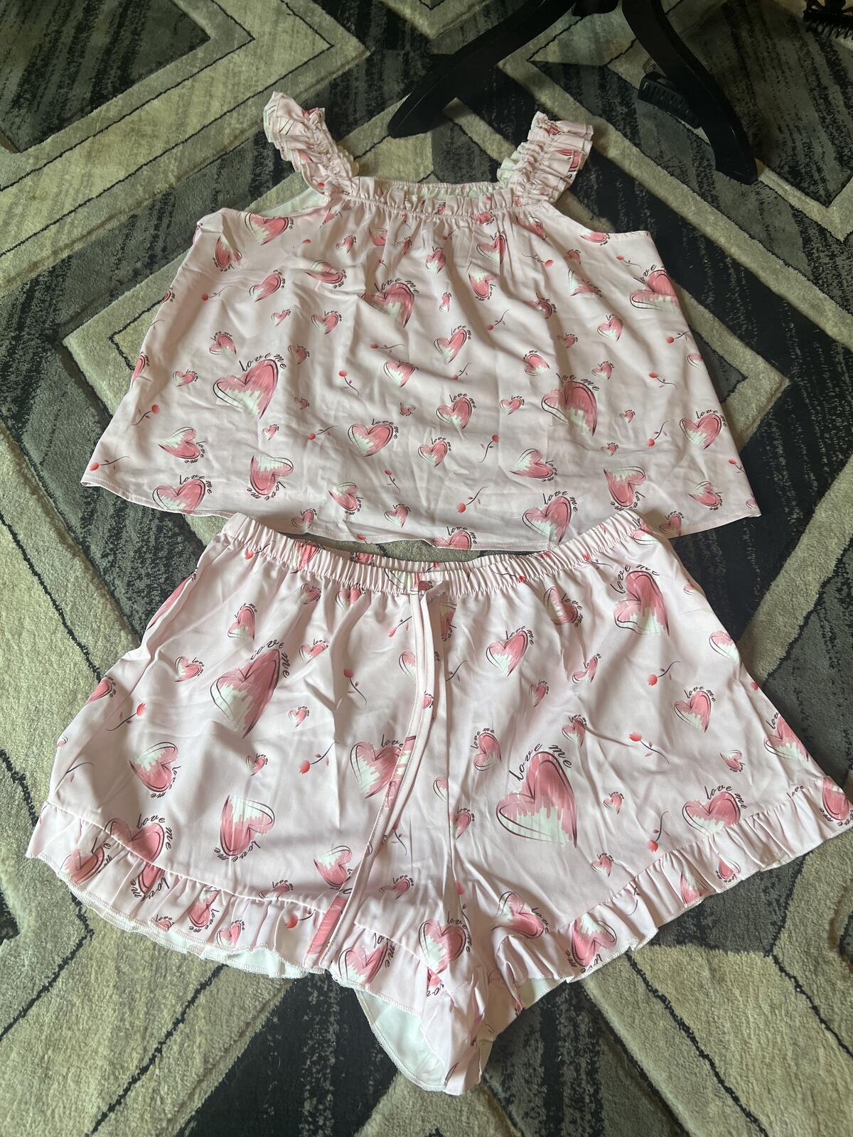 Pink Heart Print Ruffle Trim Pajama Set Size XXL