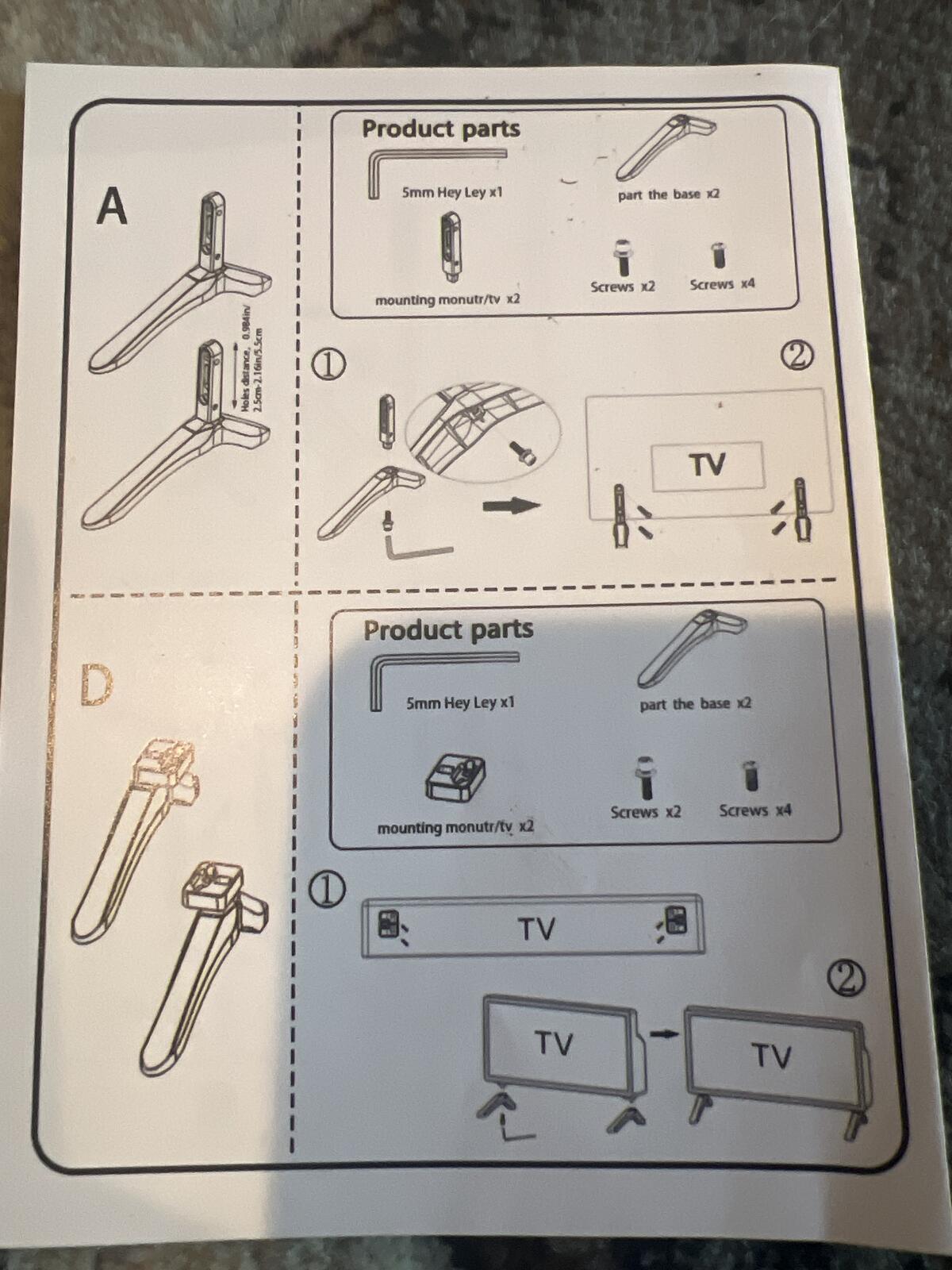 Adjustable TV Stand Legs Mounting Base Kit with Screws and Hex Key