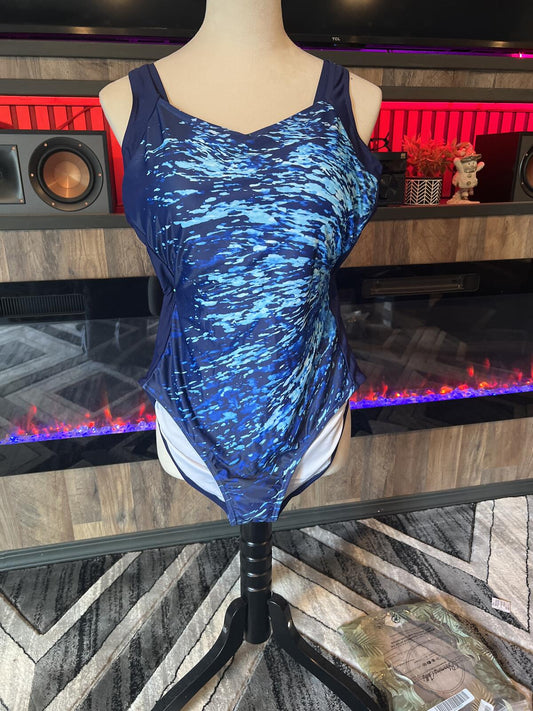Women's Blue Patterned One-Piece Swimsuit Size L