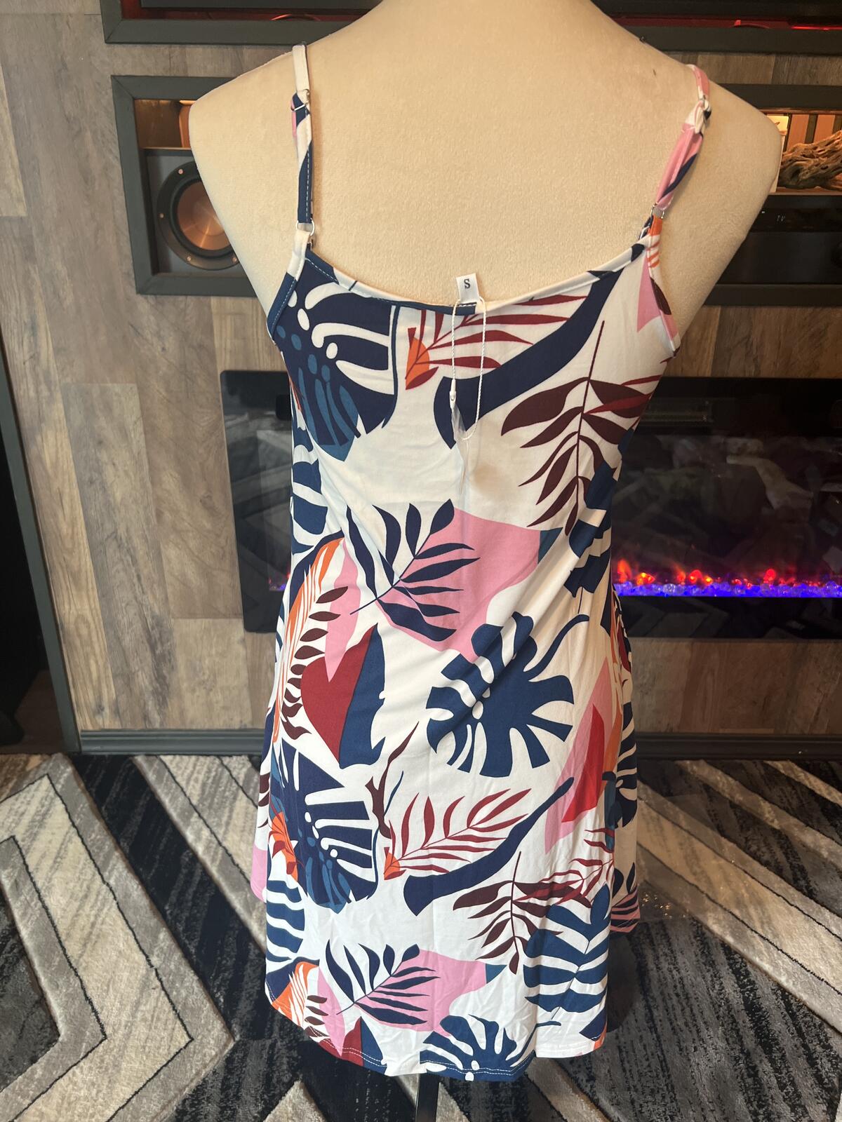 Women's Tropical Print Button Front Dress with Adjustable Straps - Size Small