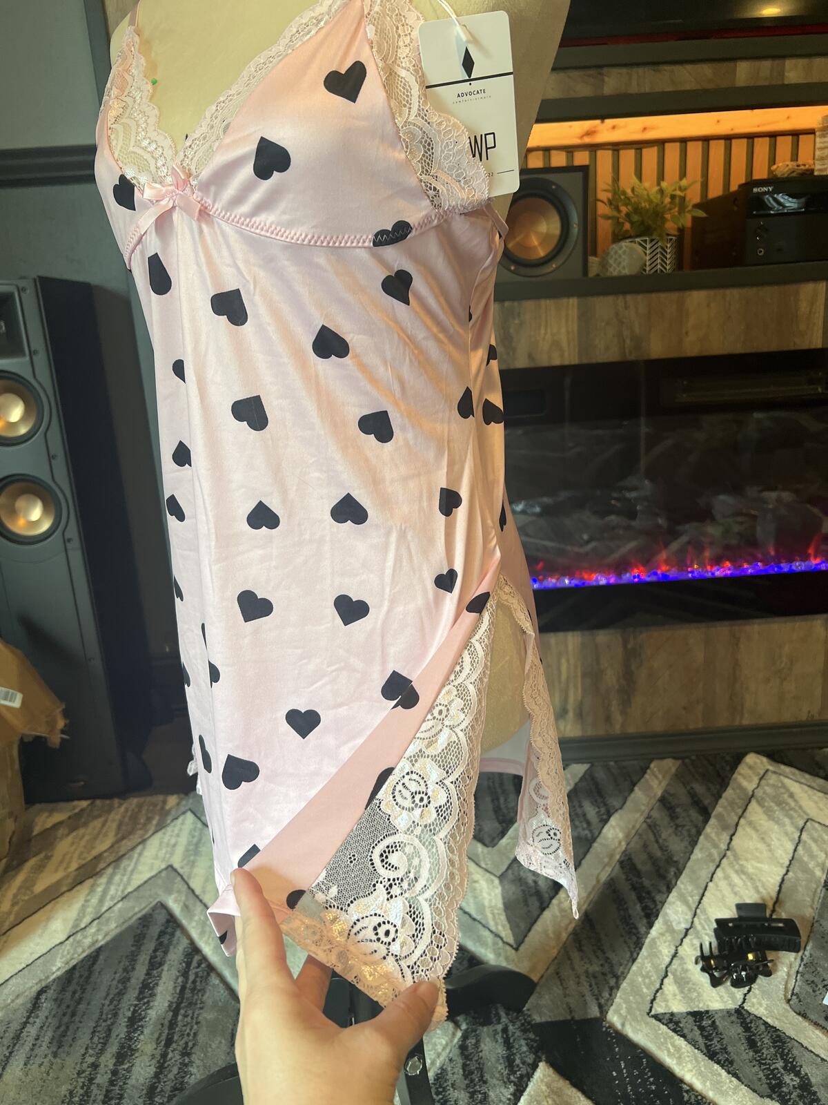 Ambrielle Pink Heart Print Lace Trim Chemise Nightgown