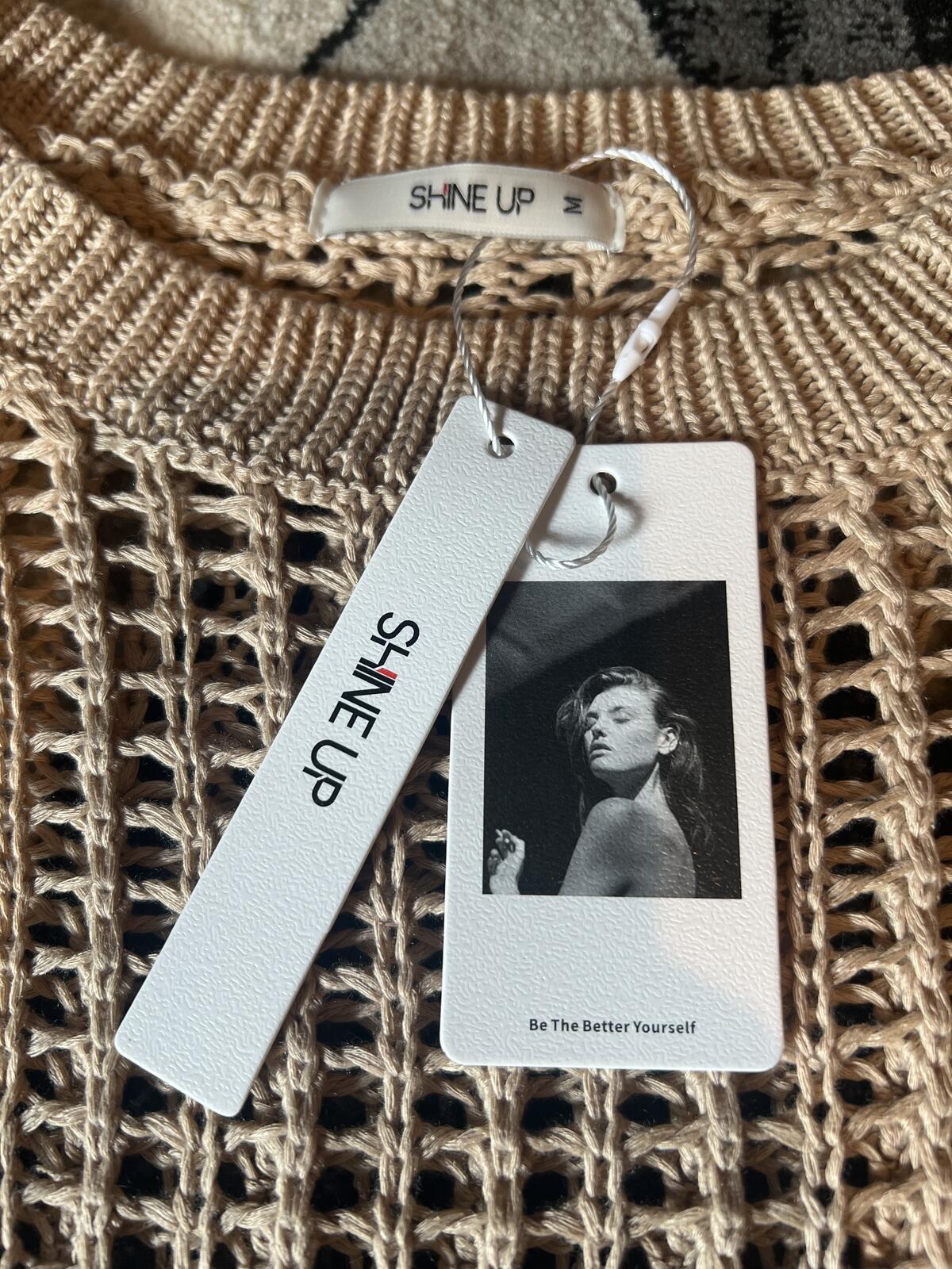 Shine Up Beige Open Knit Sweater Top, Size M
