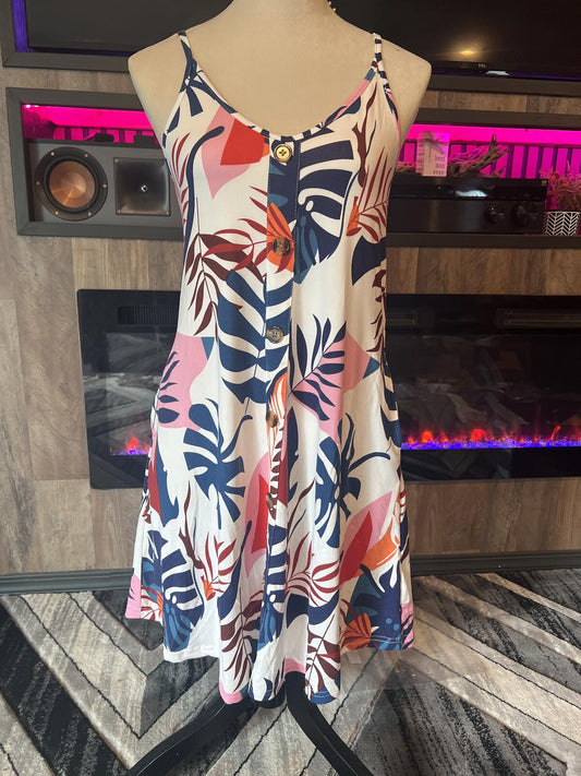 Women's Tropical Print Button Front Dress with Adjustable Straps - Size Small