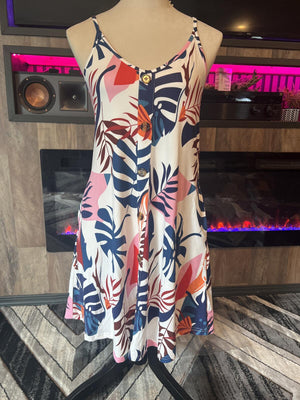 Women's Tropical Print Button Front Dress with Adjustable Straps - Size Small