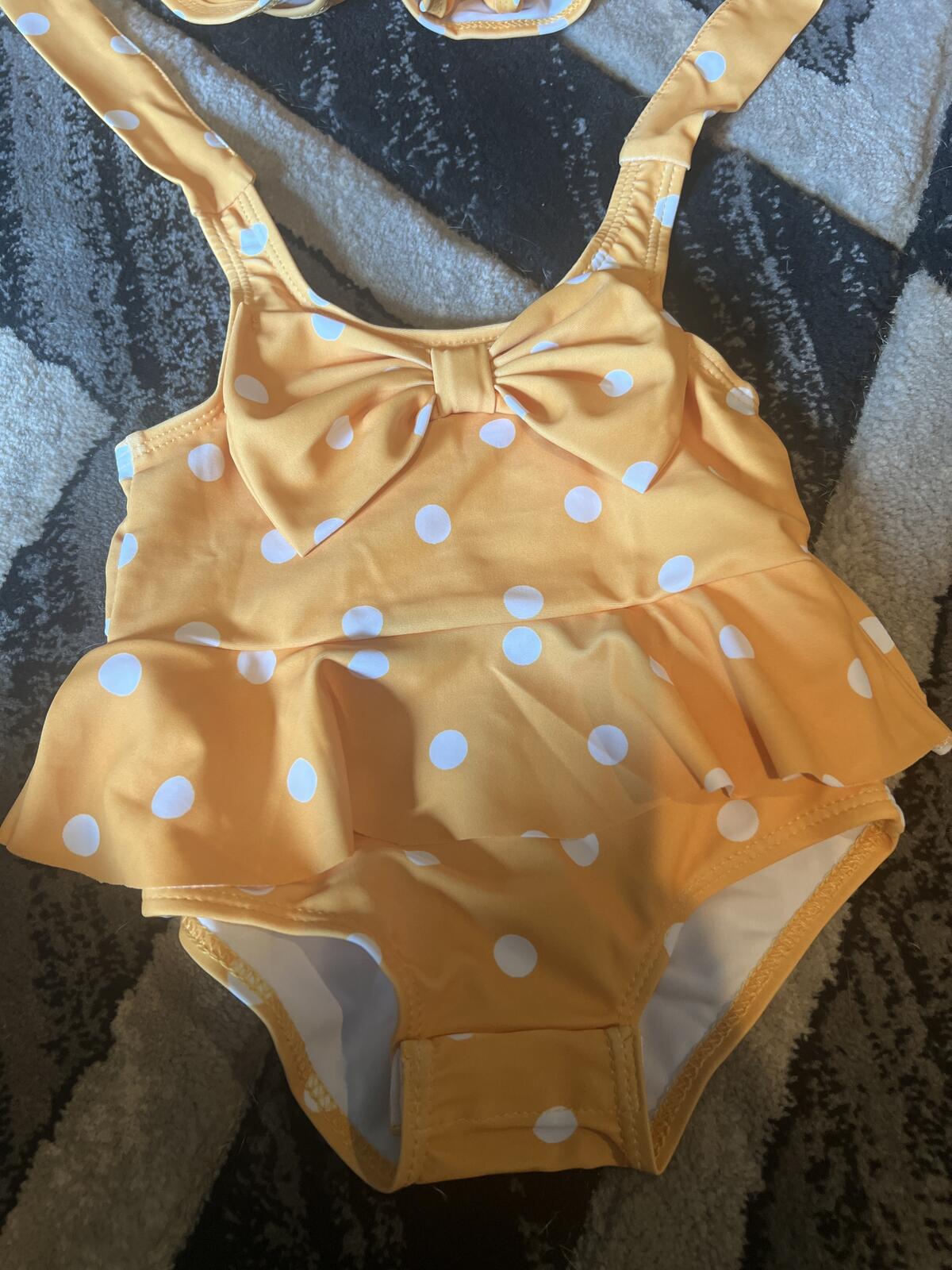 Yellow Polka Dot Toddler Swimsuit with Matching Hat  3-6 months