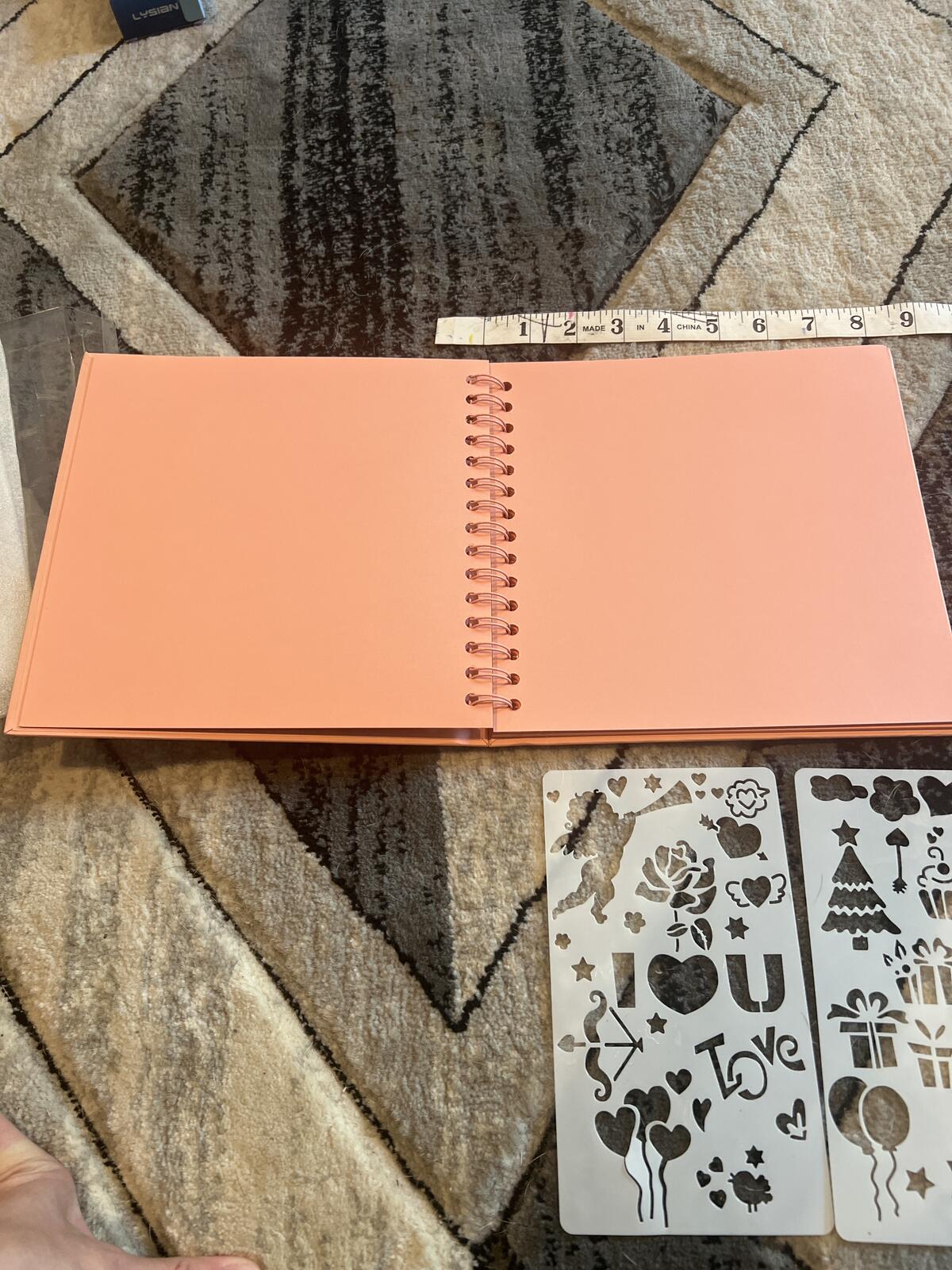 Peach Spiral Bound Sketchbook Scrapbook with Stencils and Colorful Stickers