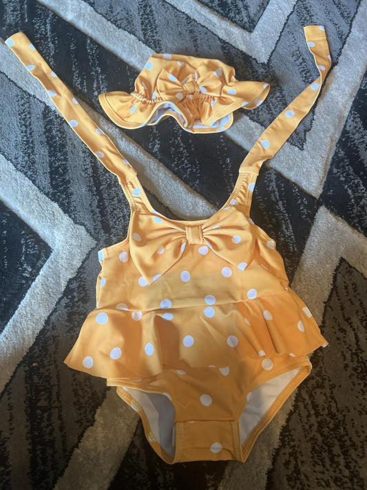 Yellow Polka Dot Toddler Swimsuit with Matching Hat  3-6 months