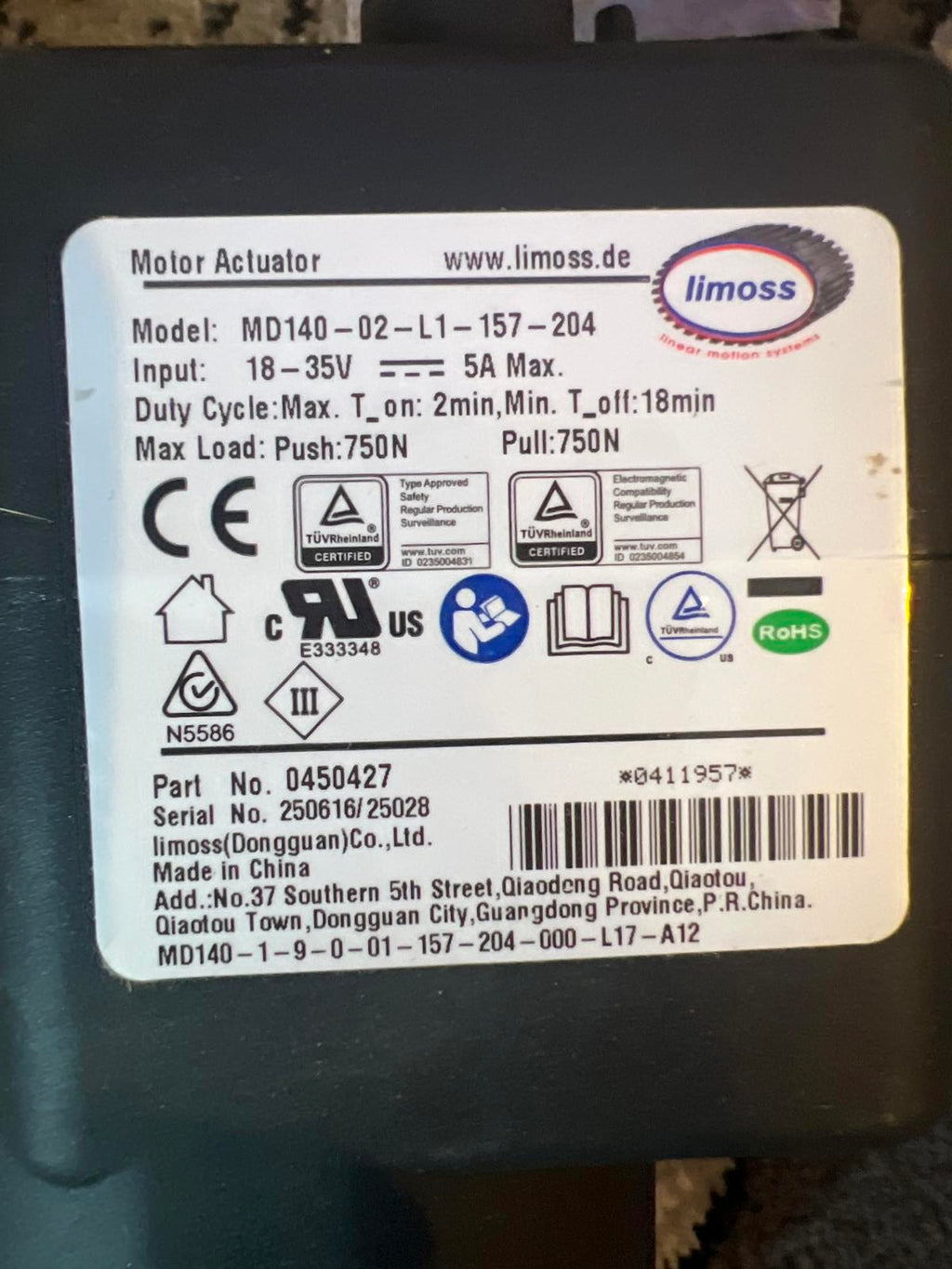 Limoss MD140 Motor Actuator with Remote Control - part no. 0450427