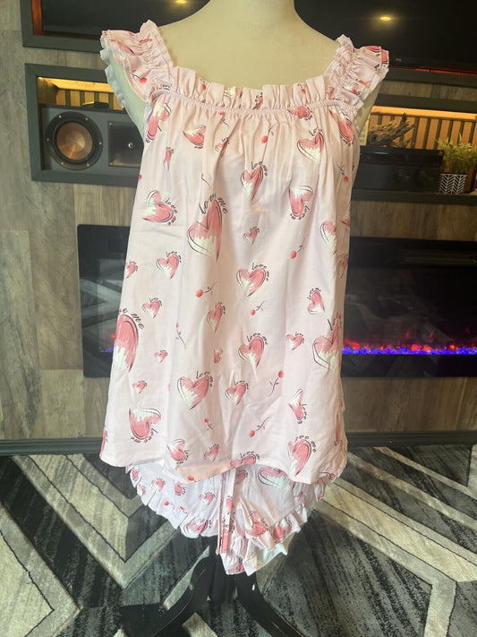 Pink Heart Print Ruffle Trim Pajama Set Size XXL