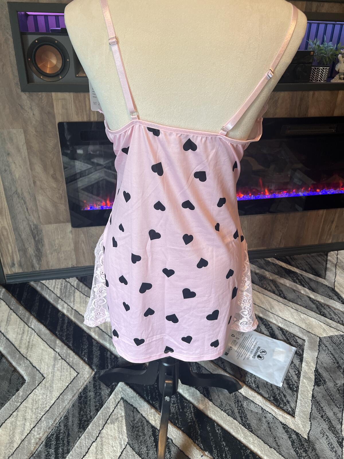 Ambrielle Pink Heart Print Lace Trim Chemise Nightgown