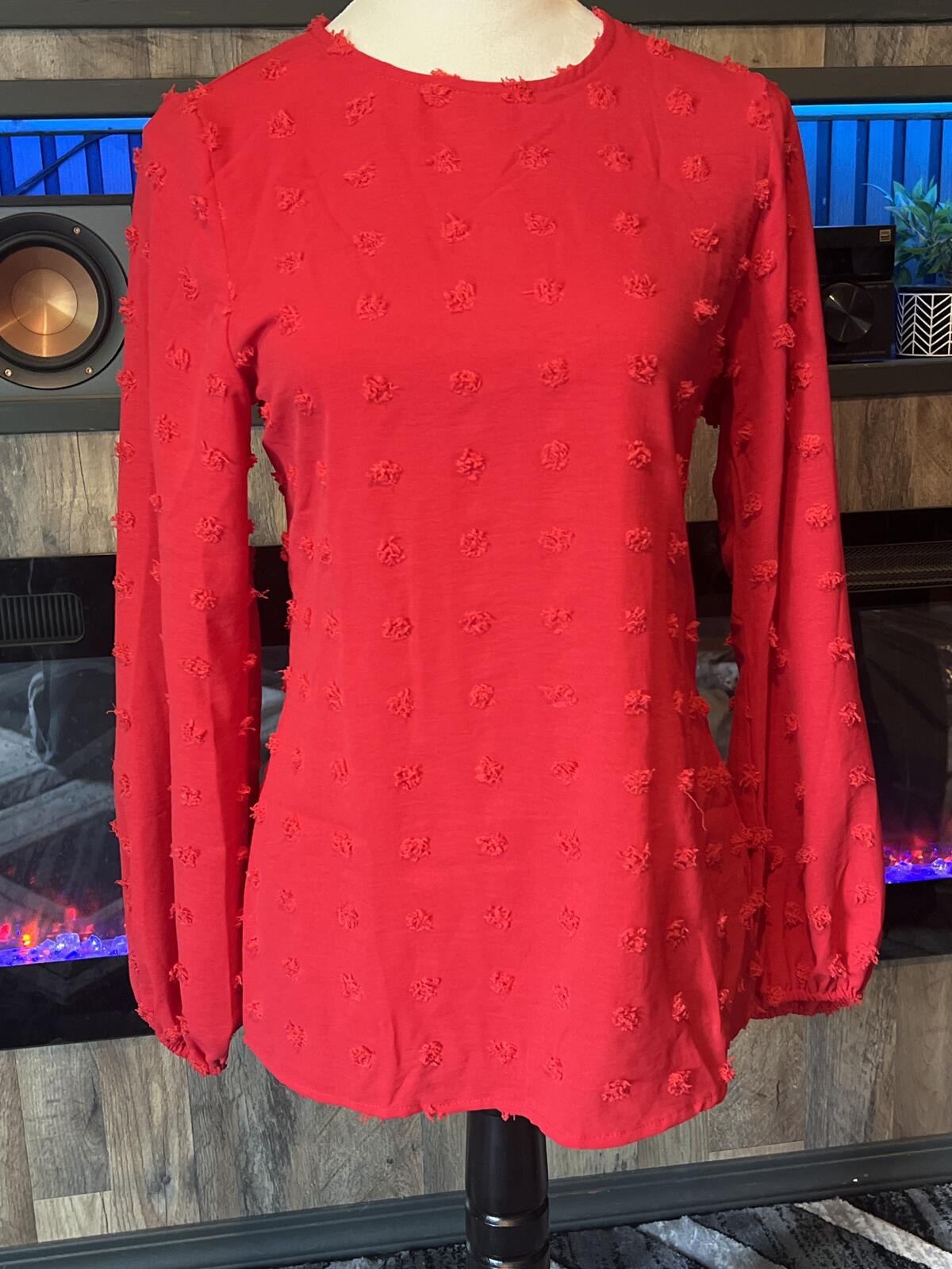 Fantaslook Red Textured Long Sleeve Top, Size Small